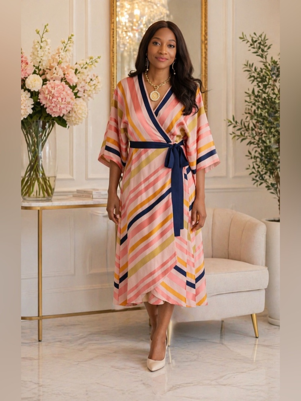 Trina Turk Peach Multicolor Striped Wrap Dress 16